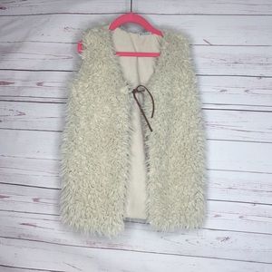 Faux Fur Vest Girls Size 8 Cream Leather Tie